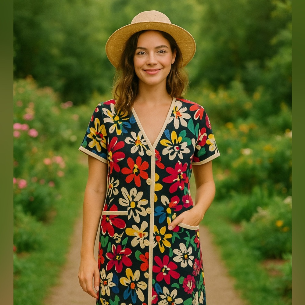 Teri Jon By Rickie Freeman Floral Linen Dress Size 8‎